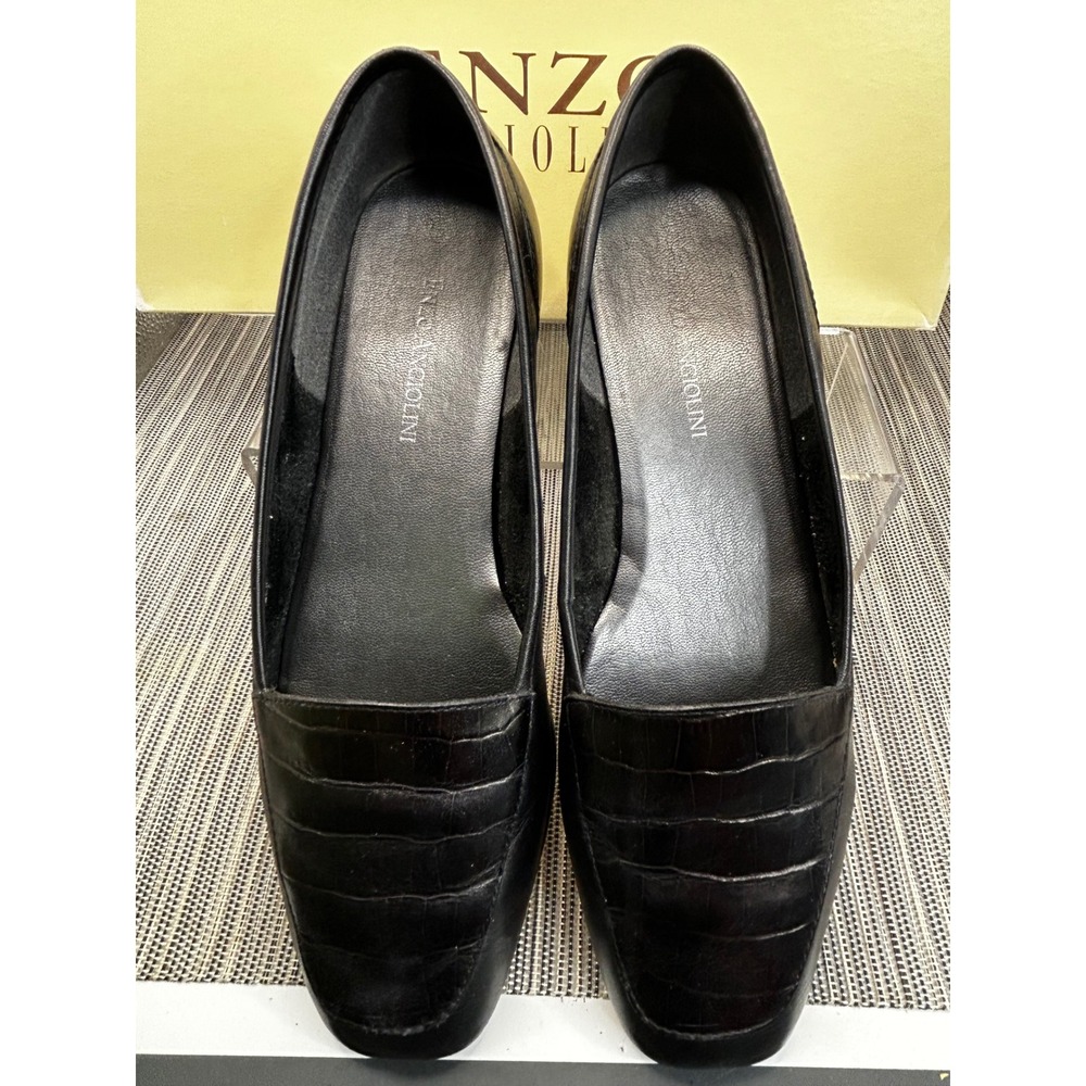 Enzo Angiolini Black Leather Croc Embossed Square Toe Loafers Flats Mens 6.5M